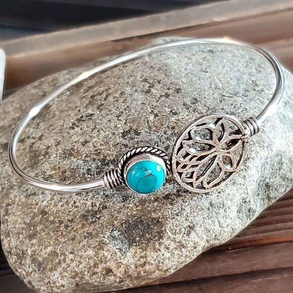 India Turquoise Gemstone Lotus Sterling Silver Overlay Cuff Bracelet 6743-R - Picture 3 of 8